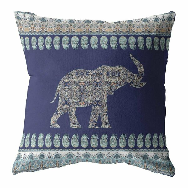 Homeroots 28 in. Navy Ornate Elephant Indoor & Outdoor Throw Pillow 412495